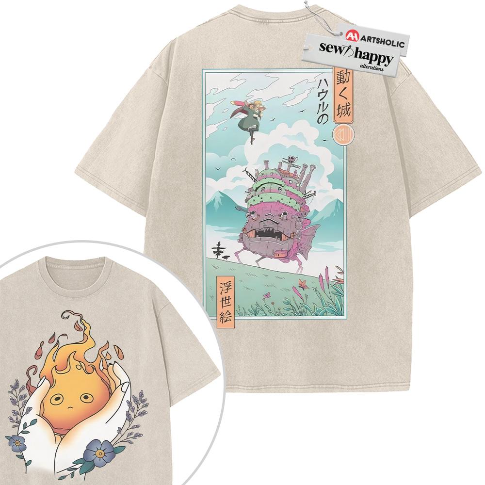 Wash Tee Calcifer Shirt, Howl's Moving Castle Shirt, Studio Ghibli Shirt, Anime Shirt, Vintage Tee 2-Sided