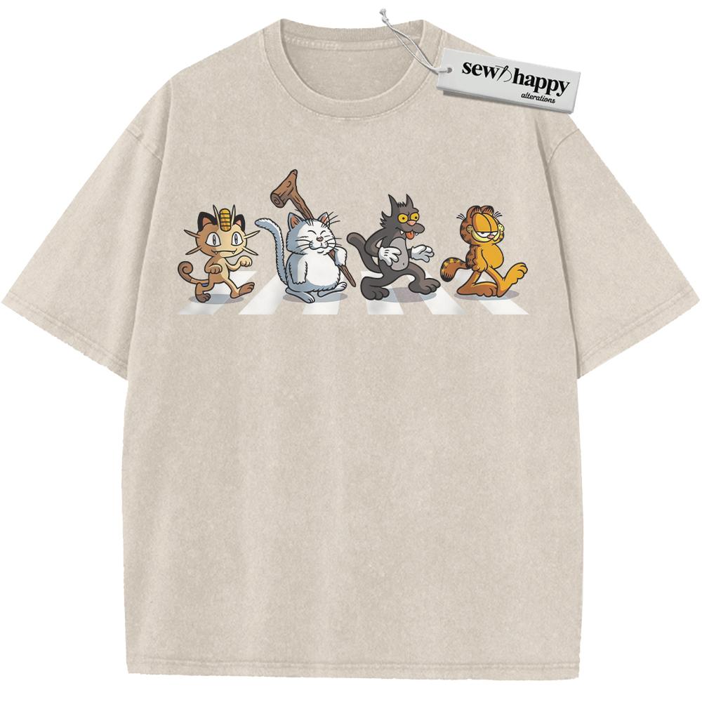 Wash Tee Cartoon Cats Shirt, Anime Graphic Tee, Comfort Colors Shirt