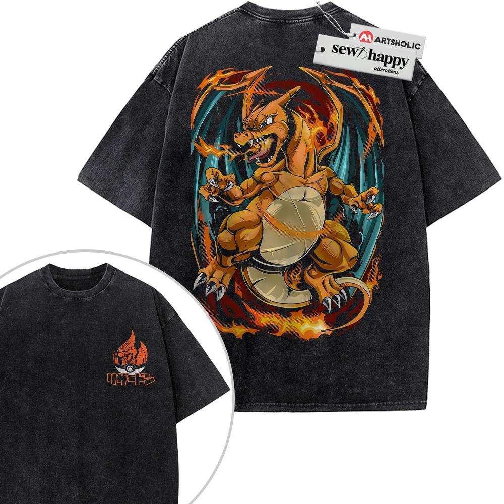 Wash Tee Charizard Shirt, Pokemon Shirt, Anime Shirt, Vintage T-Shirt 2-Sided
