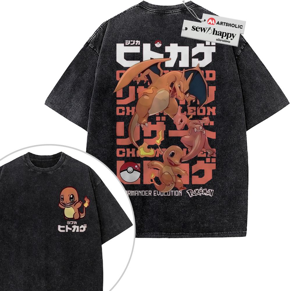 Wash Tee Charmander Shirt, Charmeleon Shirt, Charizard Shirt, Pokemon Shirt, Anime Shirt, Vintage Tee 2-Sided