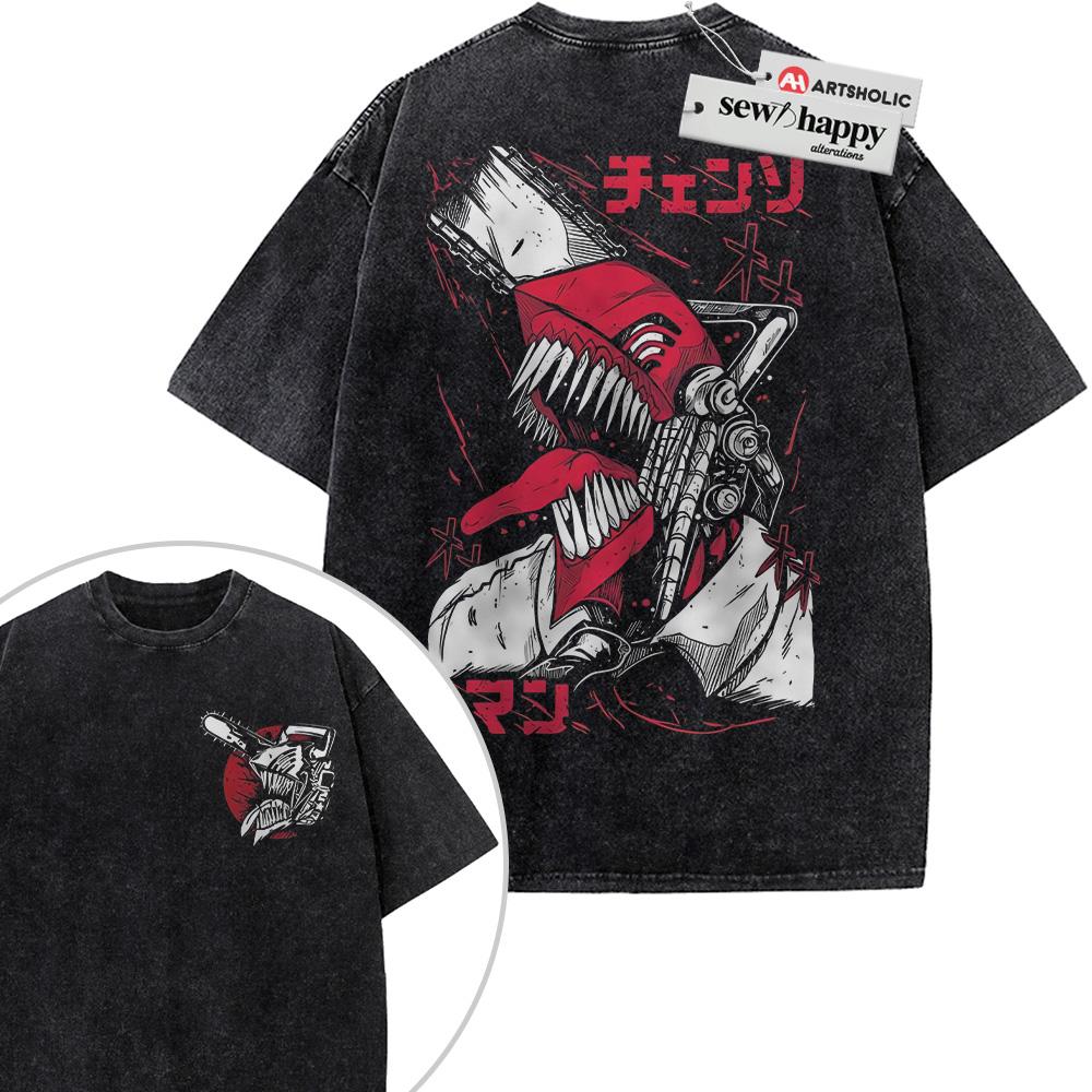 Wash Tee Denji Shirt, Chainsaw Devil Shirt, Chainsaw Man Shirt, Anime Shirt, Vintage T-Shirt 2-Sided