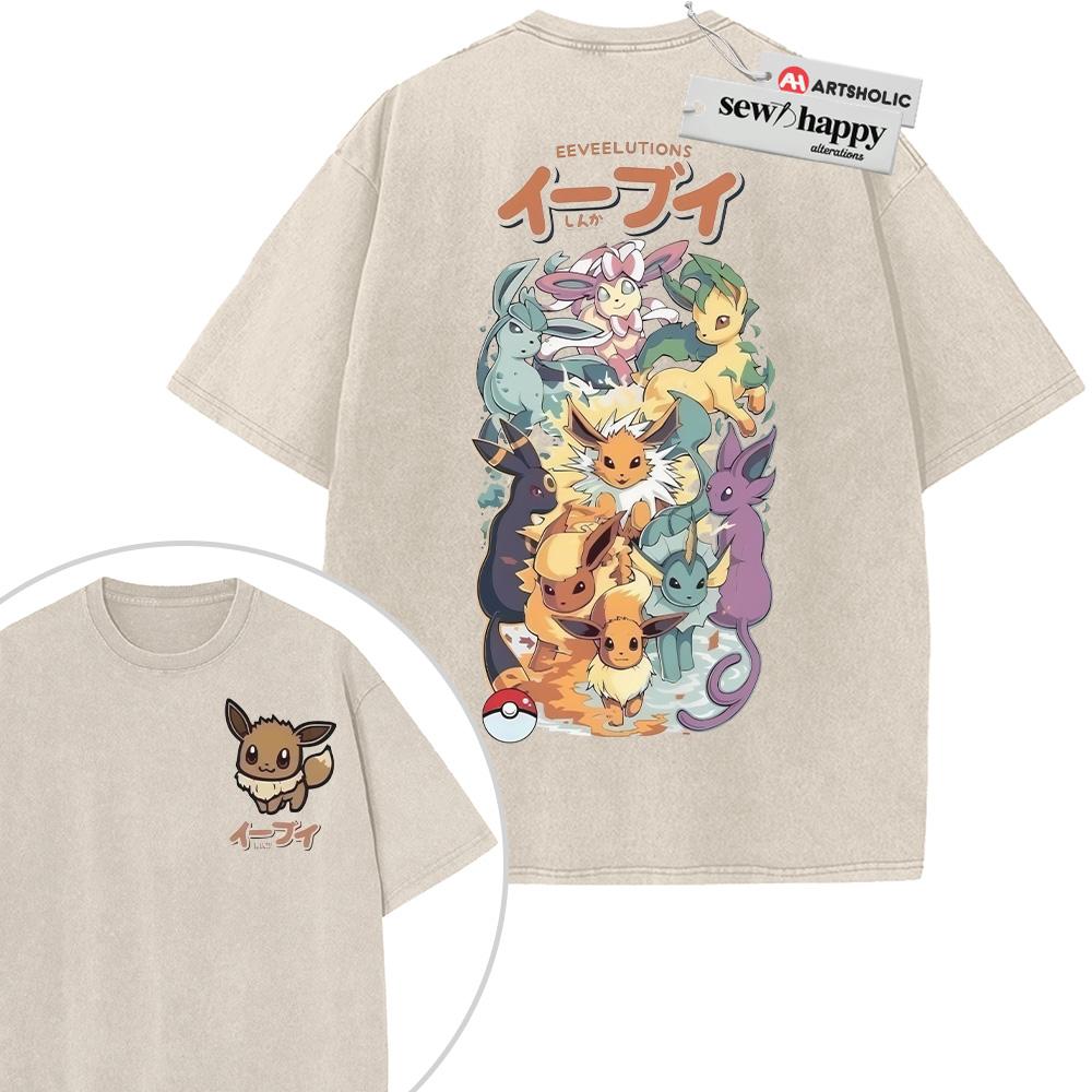Wash Tee Eevee Evolutions Shirt, Eeveelutions Shirt, Pokemon Shirt, Anime Shirt, Vintage Tee 2-Sided