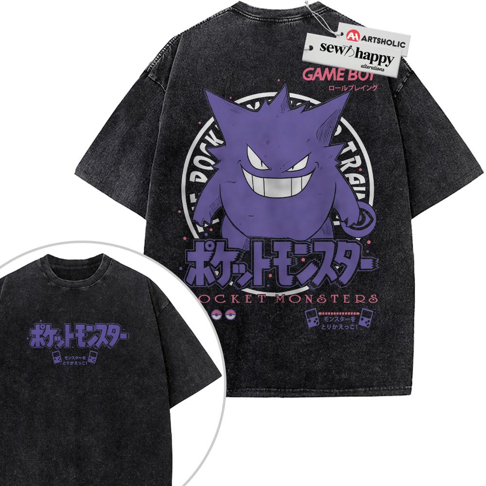 Wash Tee Gengar Shirt, Pokemon Shirt, Anime Shirt, Vintage T-Shirt 2-Sided