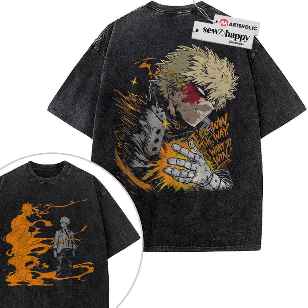 Wash Tee Katsuki Bakugo Shirt, Kacchan Shirt, MHA Shirt, Anime Shirt, Vintage Tee 2-Sided