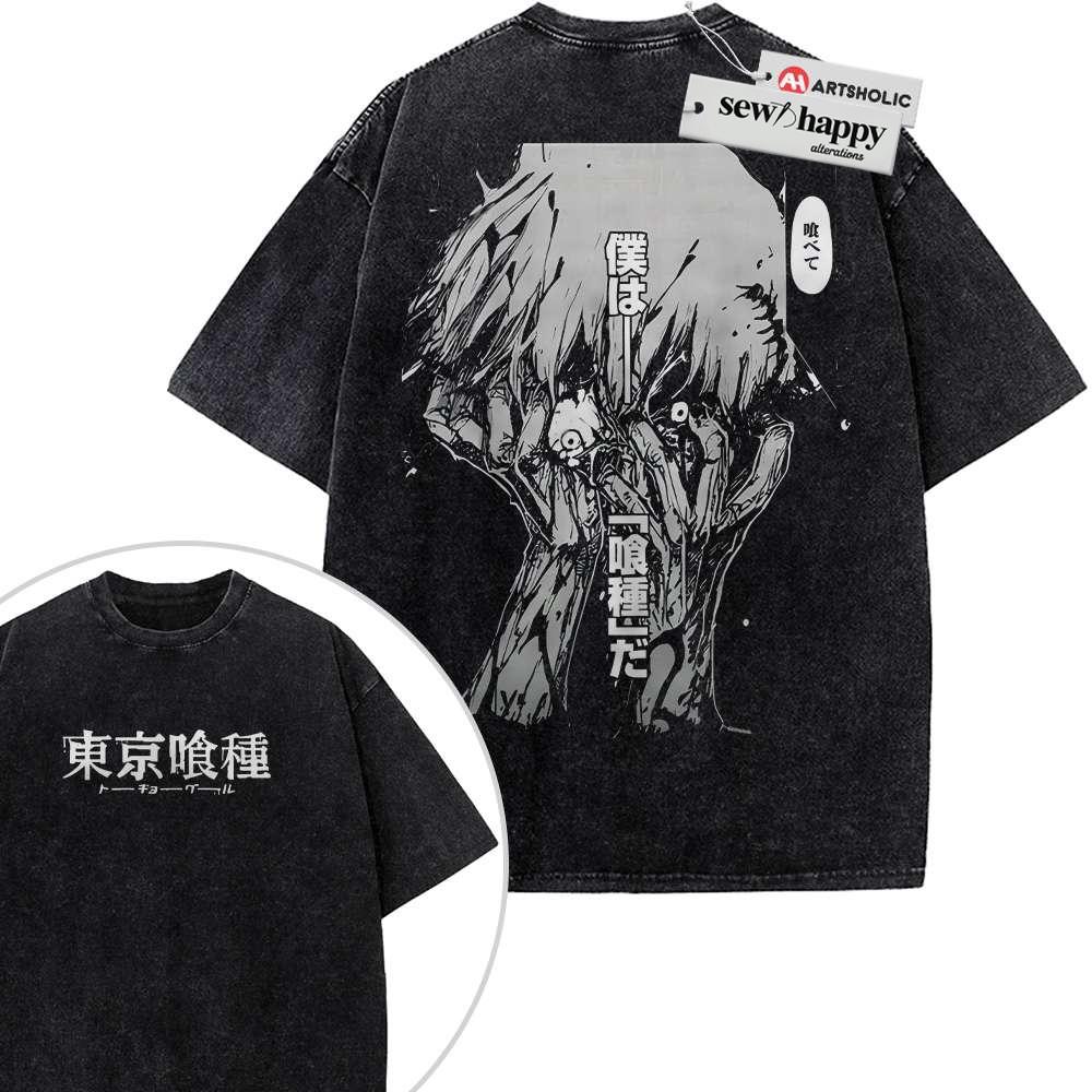 Wash Tee Ken Kaneki Shirt, Tokyo Ghoul Shirt, Anime Shirt, Vintage Tee 2-Sided