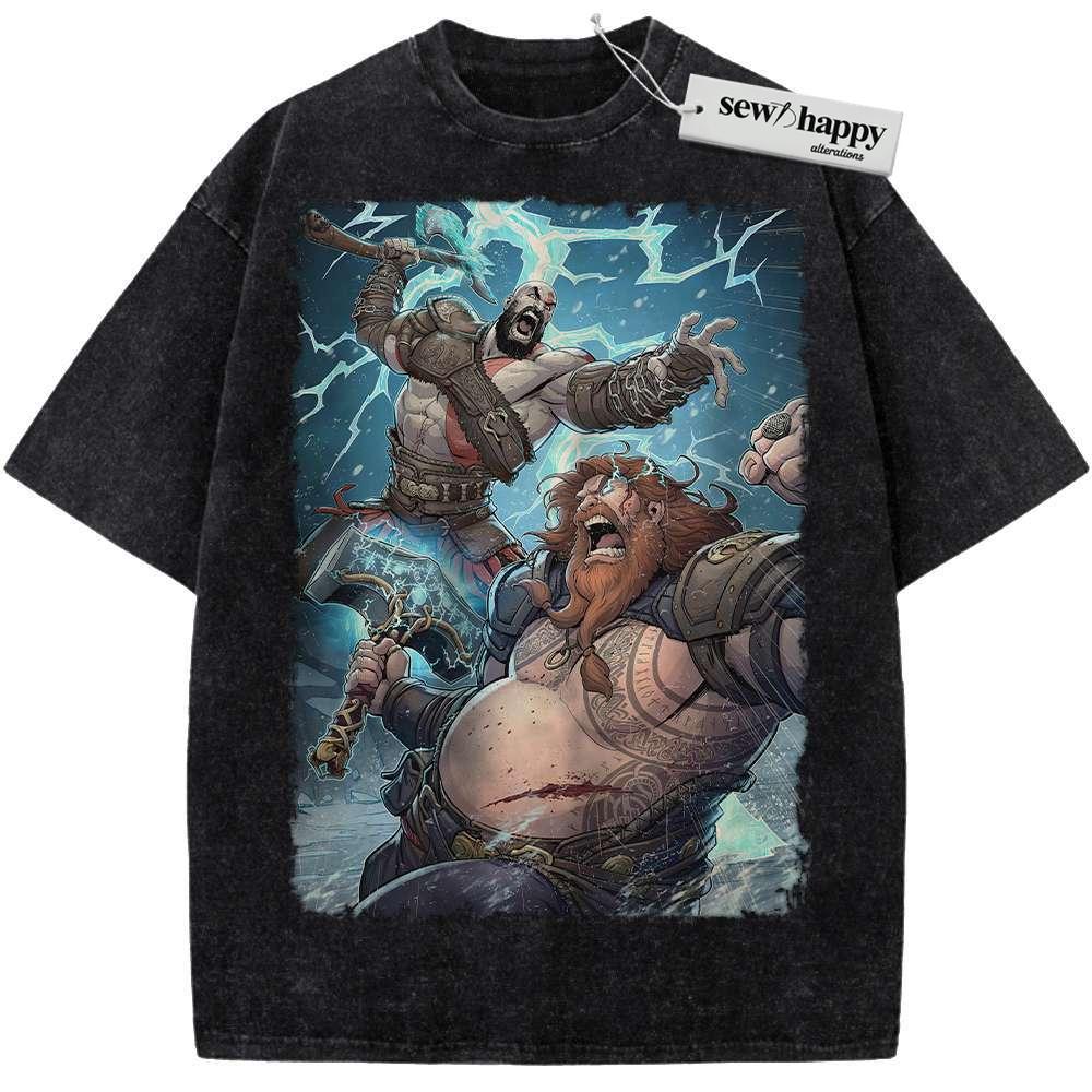 Wash Tee Kratos vs Thor Shirt, God of War Shirt, Game Shirt, Vintage Tee