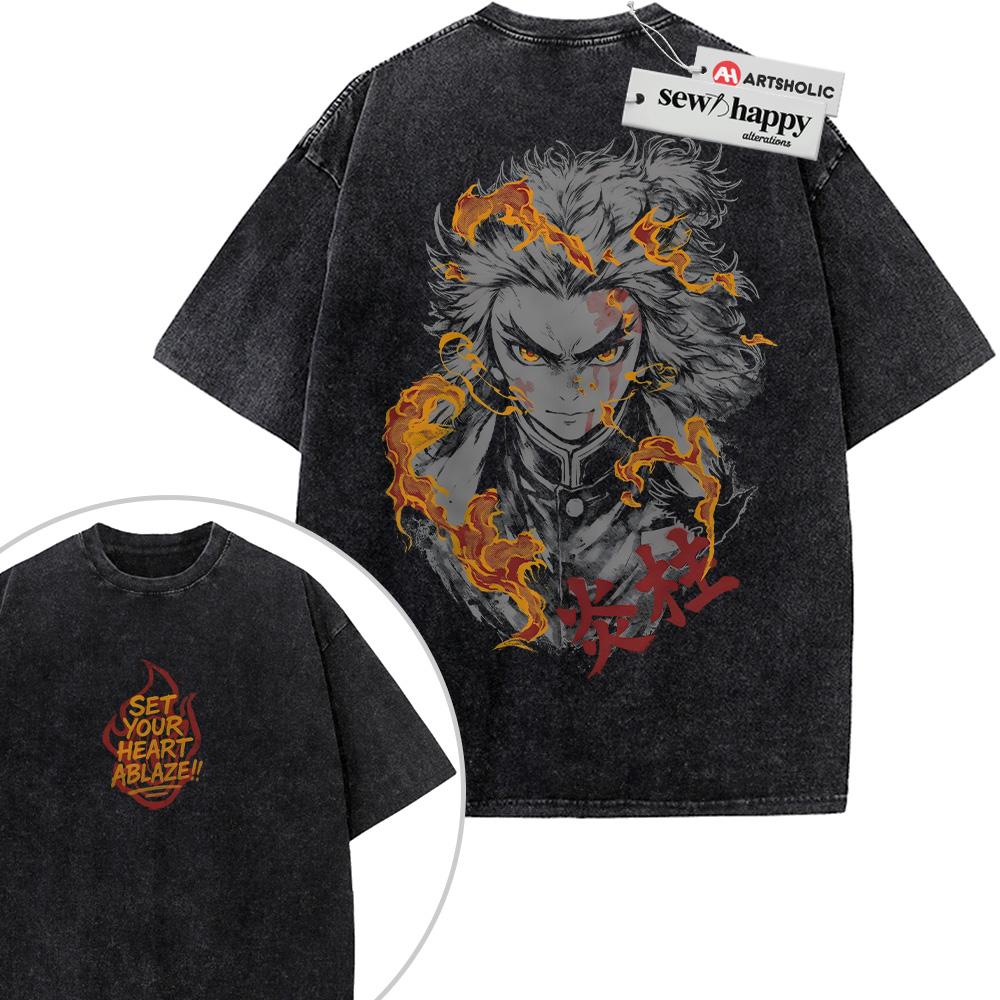 Wash Tee Kyojuro Rengoku Shirt, Demon Slayer Shirt, Anime Shirt, Vintage Tee 2-Sided