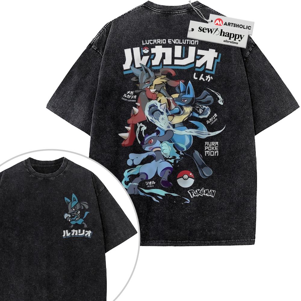 Wash Tee Lucario Shirt, Riolu Shirt, Pokemon Shirt, Anime Shirt, Vintage Tee 2-Sided