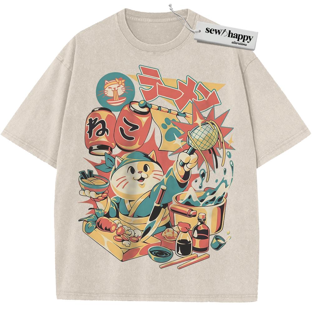 Wash Tee Neko Ramen Cat Shirt, Japanese Streetwear Shirt, Vintage T-Shirt