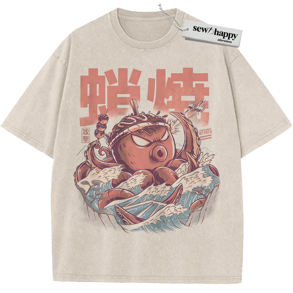 Wash Tee Octopus Kaiju Shirt, Japanese Streetwear Shirt, Vintage T-Shirt