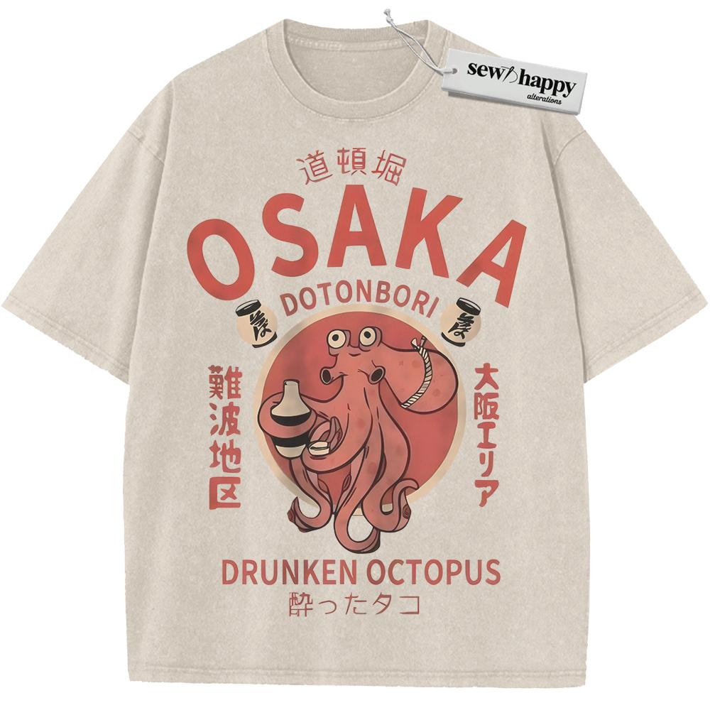 Wash Tee Osaka Dotonbori Drunken Octopus Shirt, Japanese Streetwear Shirt, Vintage T-Shirt