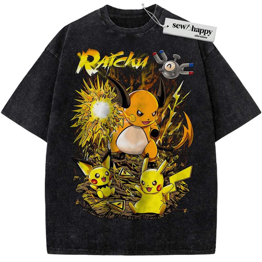 Wash Tee Pikachu Shirt, Raichu Shirt, Pokemon shirt, Anime Shirt, Vintage Tee