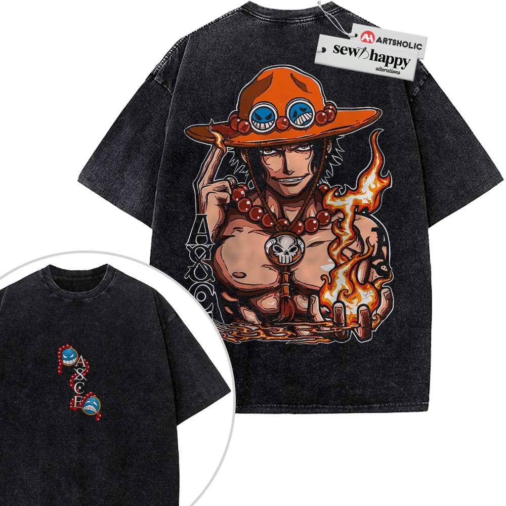 Wash Tee Portgas D Ace Shirt, One Piece Shirt, Anime Shirt, Vintage T-Shirt 2-Sided