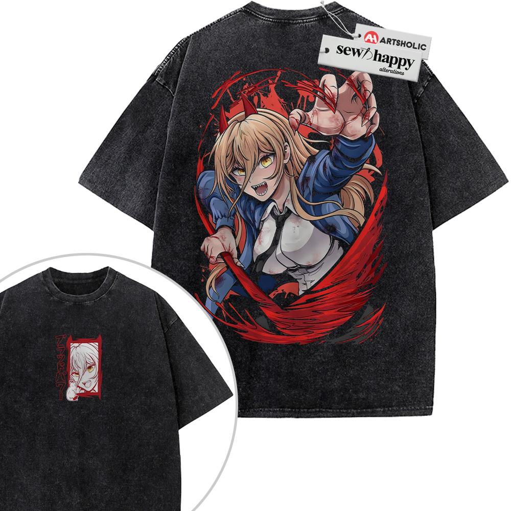 Wash Tee Power Shirt, Chainsaw Man Shirt, Anime Shirt, Vintage T-Shirt 2-Sided