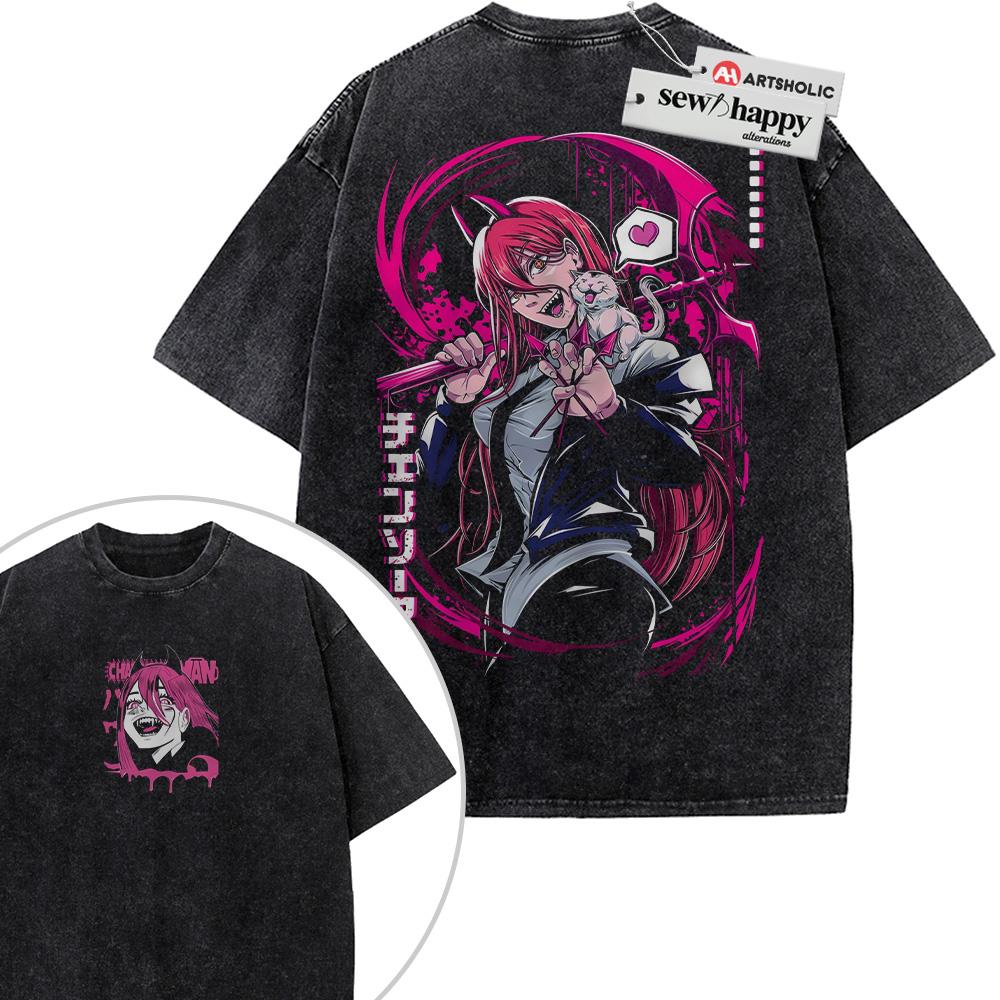 Wash Tee Power Shirt, Chainsaw Man Shirt, Anime Shirt, Vintage T-Shirt 2-Sided