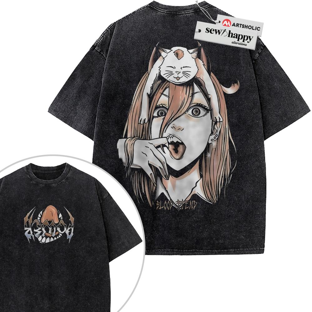 Wash Tee Power Shirt, Chainsaw Man Shirt, Anime Shirt, Vintage Tee 2-Sided