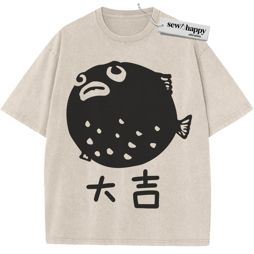Wash Tee Pufferfish Shirt, Japanese Streetwear Shirt, Vintage T-Shirt