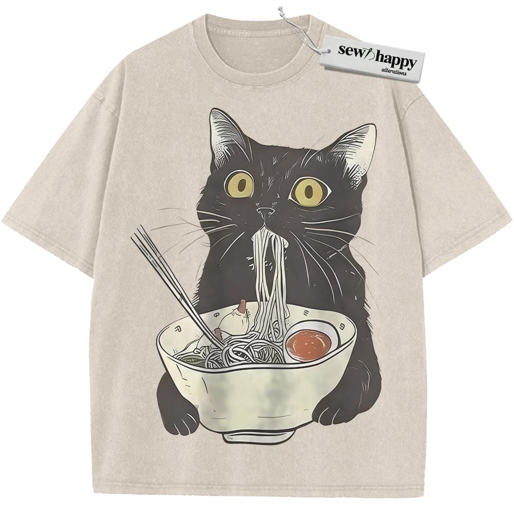Wash Tee Ramen Cat Shirt, Japanese Streetwear Shirt, Vintage T-Shirt