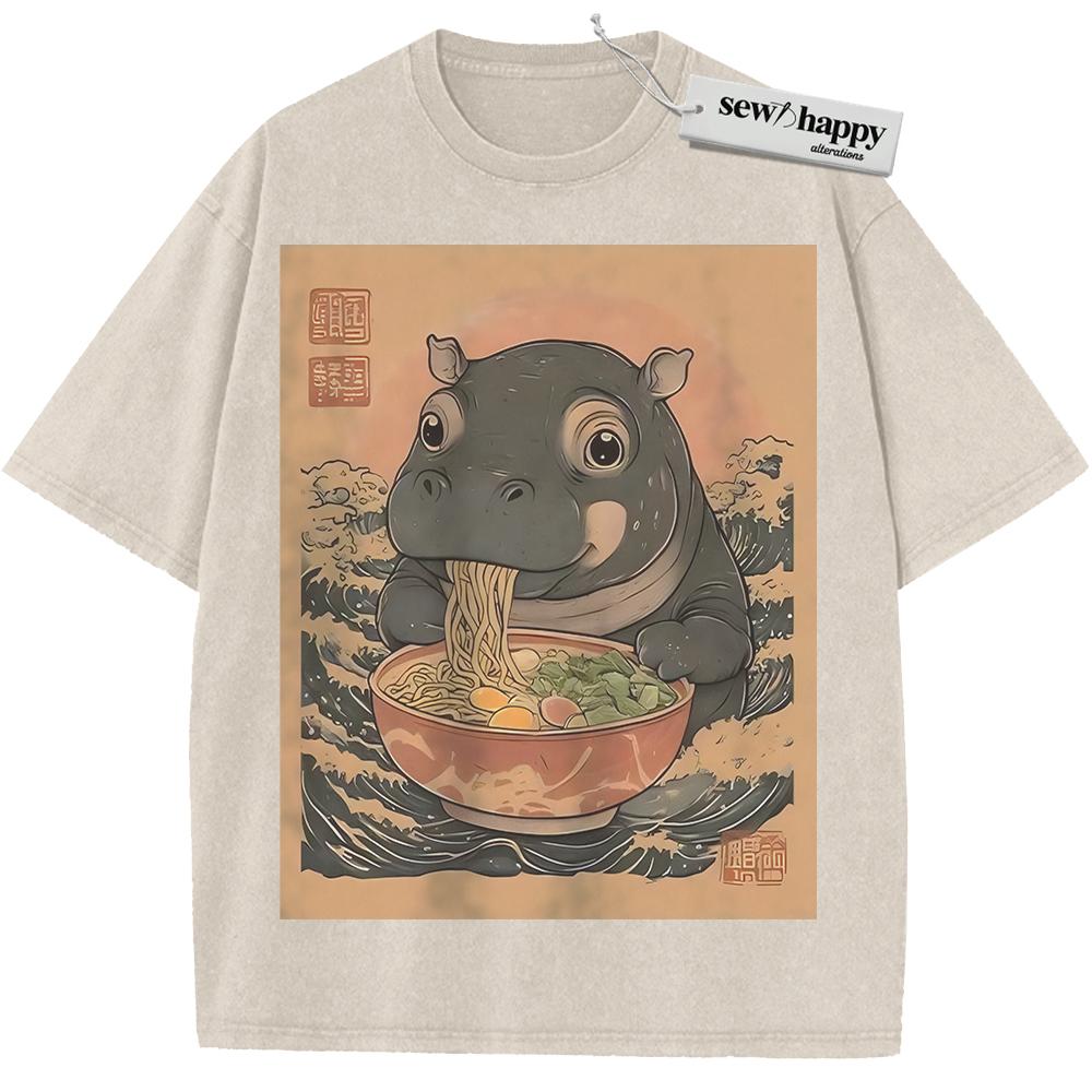 Wash Tee Ramen Hippo Shirt, Japanese Streetwear Shirt, Vintage T-Shirt