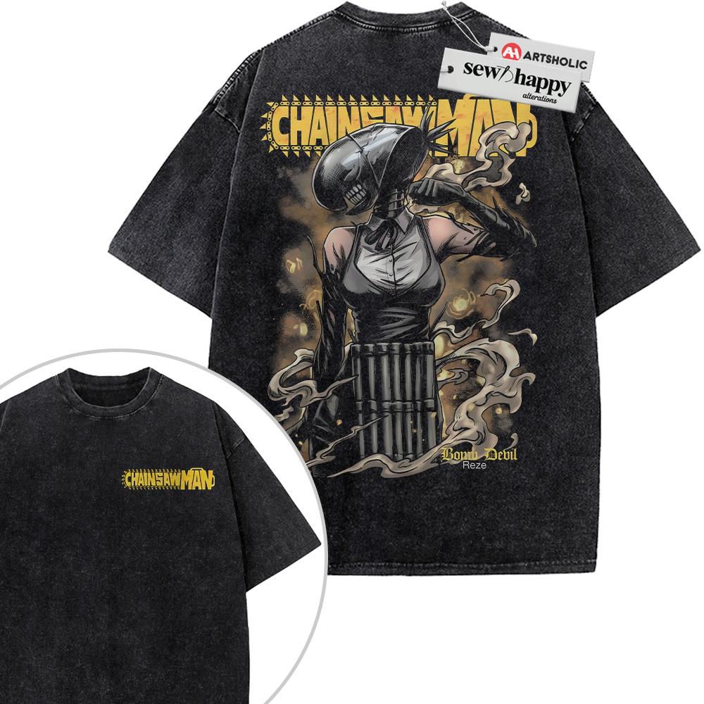 Wash Tee Reze Shirt, Chainsaw Man Shirt, Anime Shirt, Vintage T-Shirt 2-Sided