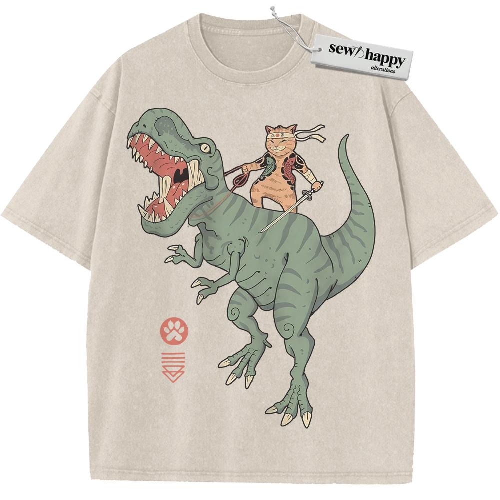 Wash Tee Samurai Cat Dinosaur Shirt, Japanese Streetwear Shirt, Vintage T-Shirt