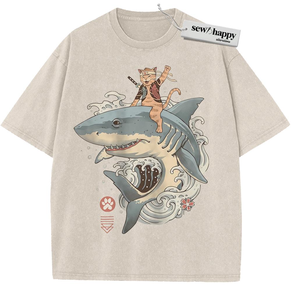 Wash Tee Samurai Cat Shark Shirt, Japanese Streetwear Shirt, Vintage T-Shirt