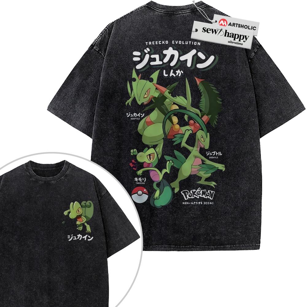 Wash Tee Sceptile Grovyle and Treecko Shirt, Pokemon Shirt, Anime Shirt, Vintage Tee 2-Sided