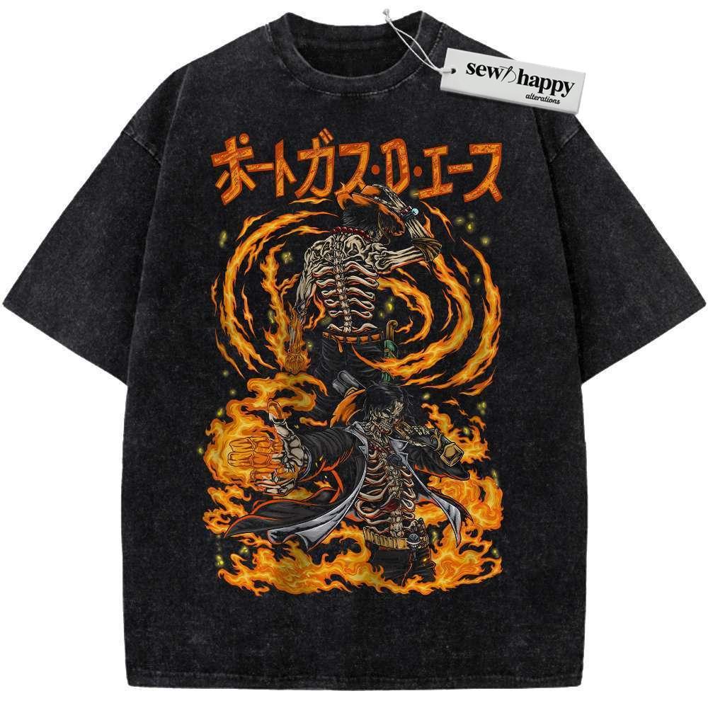 Wash Tee Skeleton Portgas D Ace Shirt, One Piece Shirt, Anime Shirt, Vintage Tee