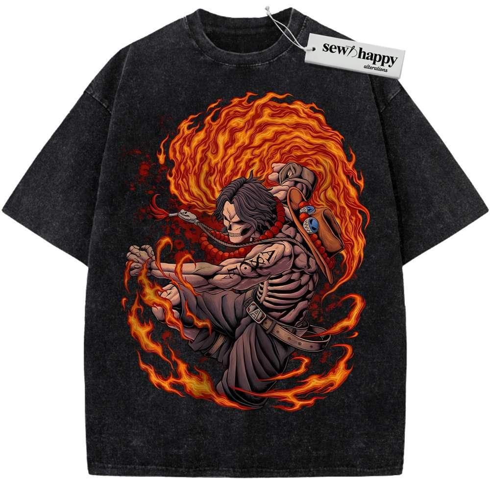 Wash Tee Skeleton Portgas D Ace Shirt, One Piece Shirt, Anime Shirt, Vintage Tee