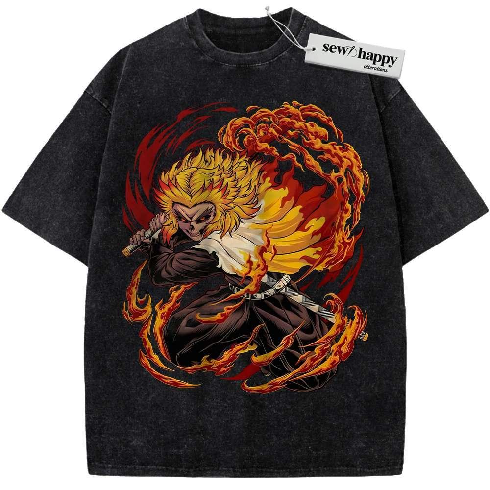 Wash Tee Skull Kyojuro Rengoku Shirt, Demon Slayer Shirt, Anime Shirt, Vintage T-Shirt