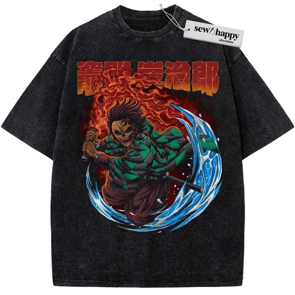 Wash Tee Skull Tanjiro Kamado Shirt, Demon Slayer Shirt, Anime Shirt, Vintage T-Shirt