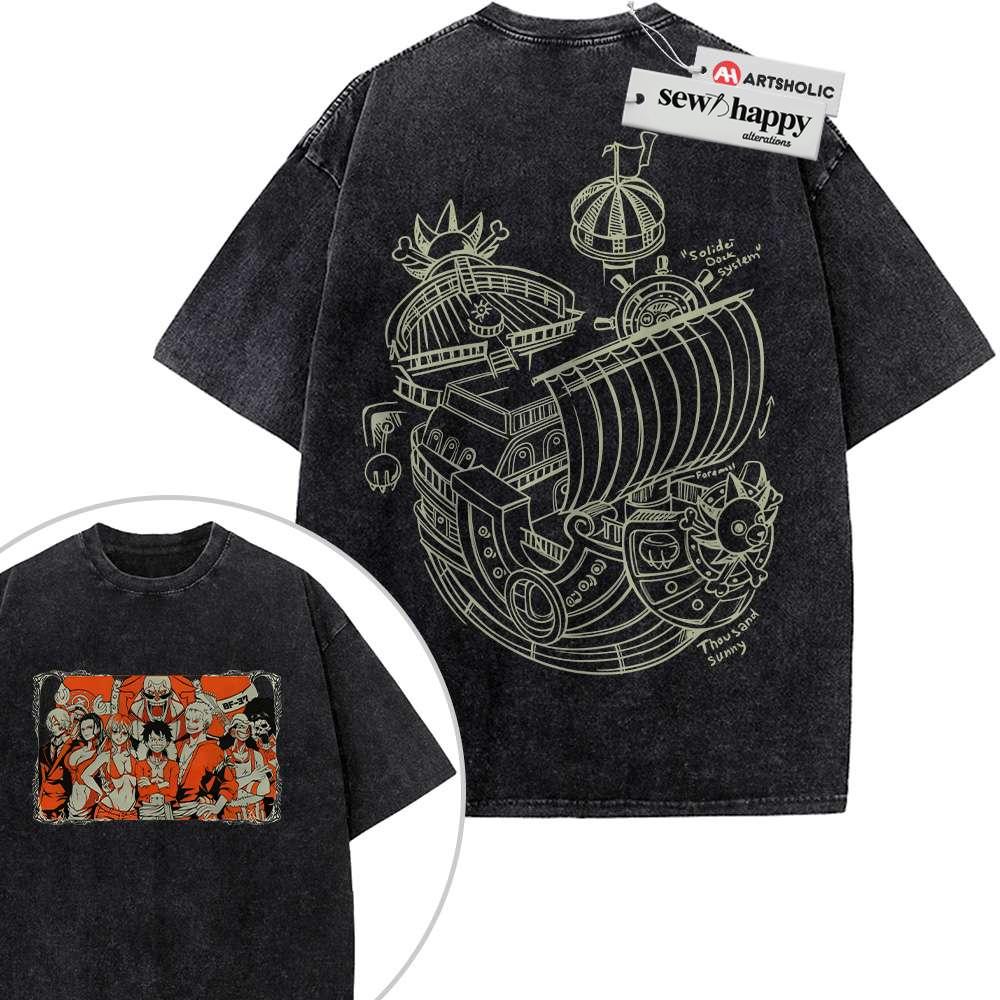 Wash Tee Straw Hat Pirates Shirt, One Piece Shirt, Anime Shirt, Vintage T-Shirt 2-Sided
