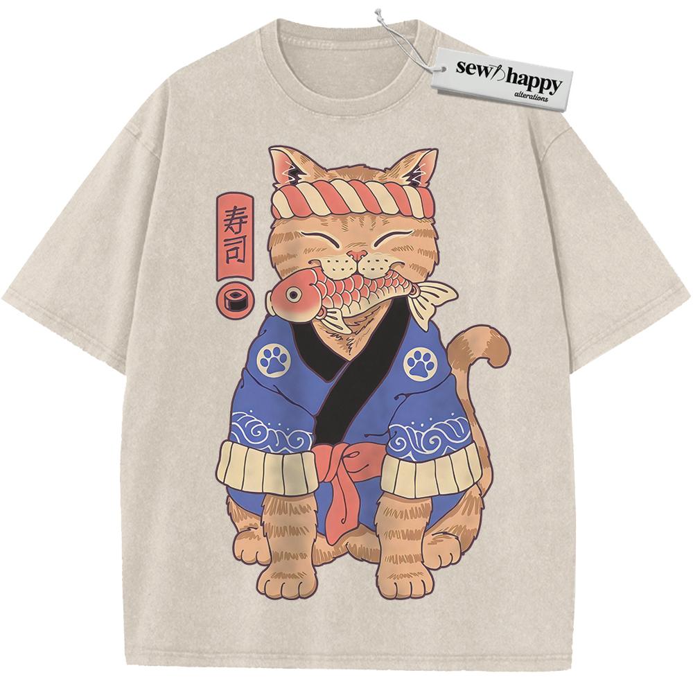 Wash Tee Sushi Cat Shirt, Japanese Streetwear Shirt, Vintage T-Shirt