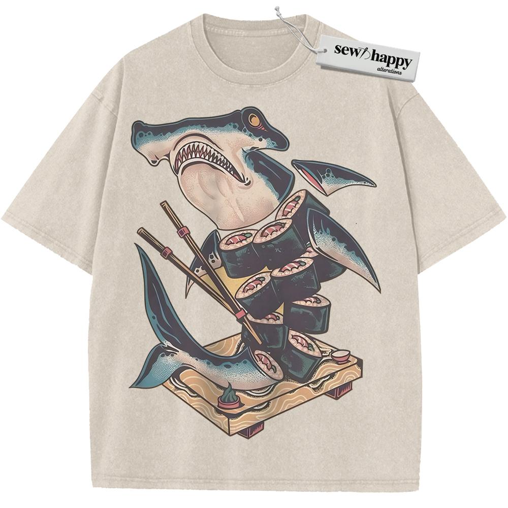 Wash Tee Sushi Shark Shirt, Japanese Streetwear Shirt, Vintage T-Shirt