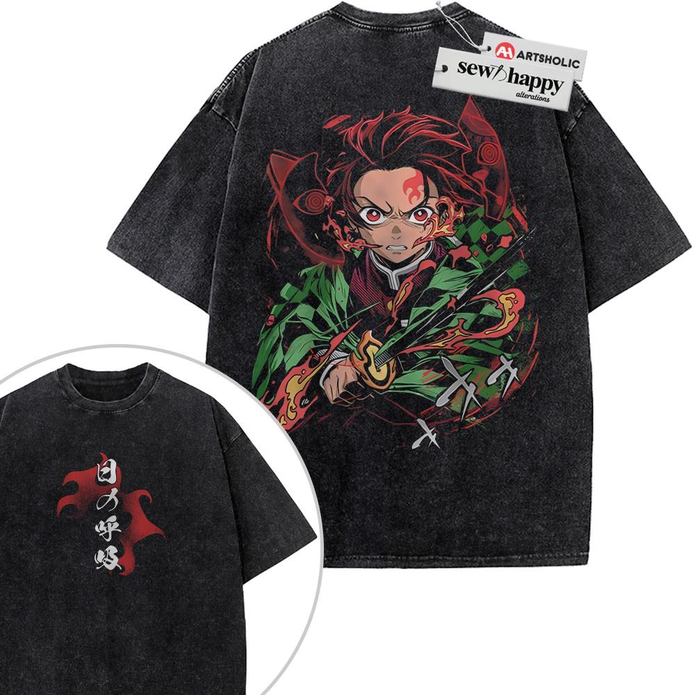 Wash Tee Tanjiro Kamada Shirt, Demon Slayer Shirt, Anime Shirt, Vintage T-Shirt 2-Sided