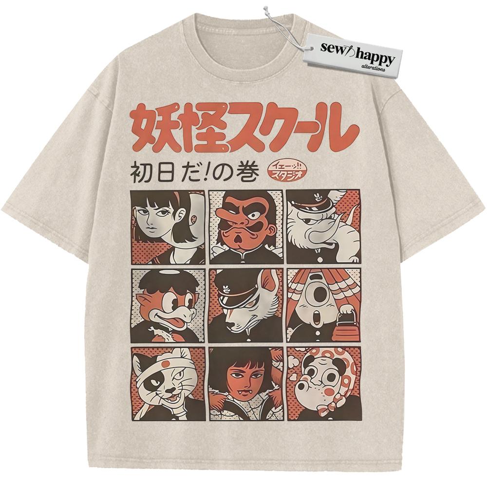 Wash Tee Yokai School Shirt, Japanese Streetwear Shirt, Vintage T-Shirt